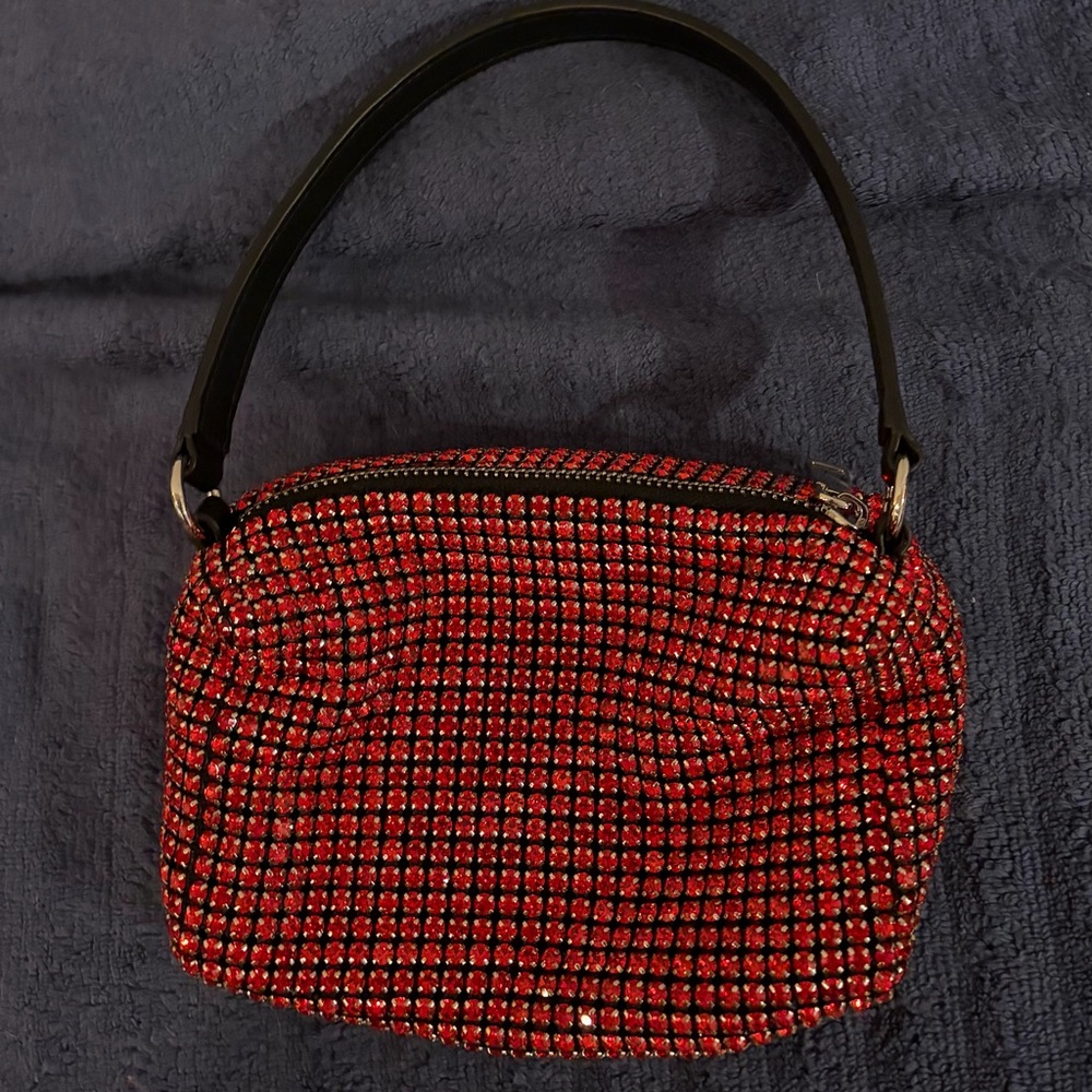 Red Crystal Mesh Evening Bag with Black Handle
